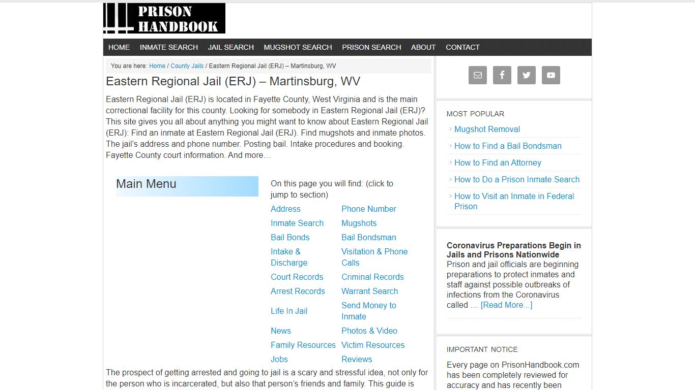 Eastern Regional Jail (ERJ) – Martinsburg, WV - Prison Handbook