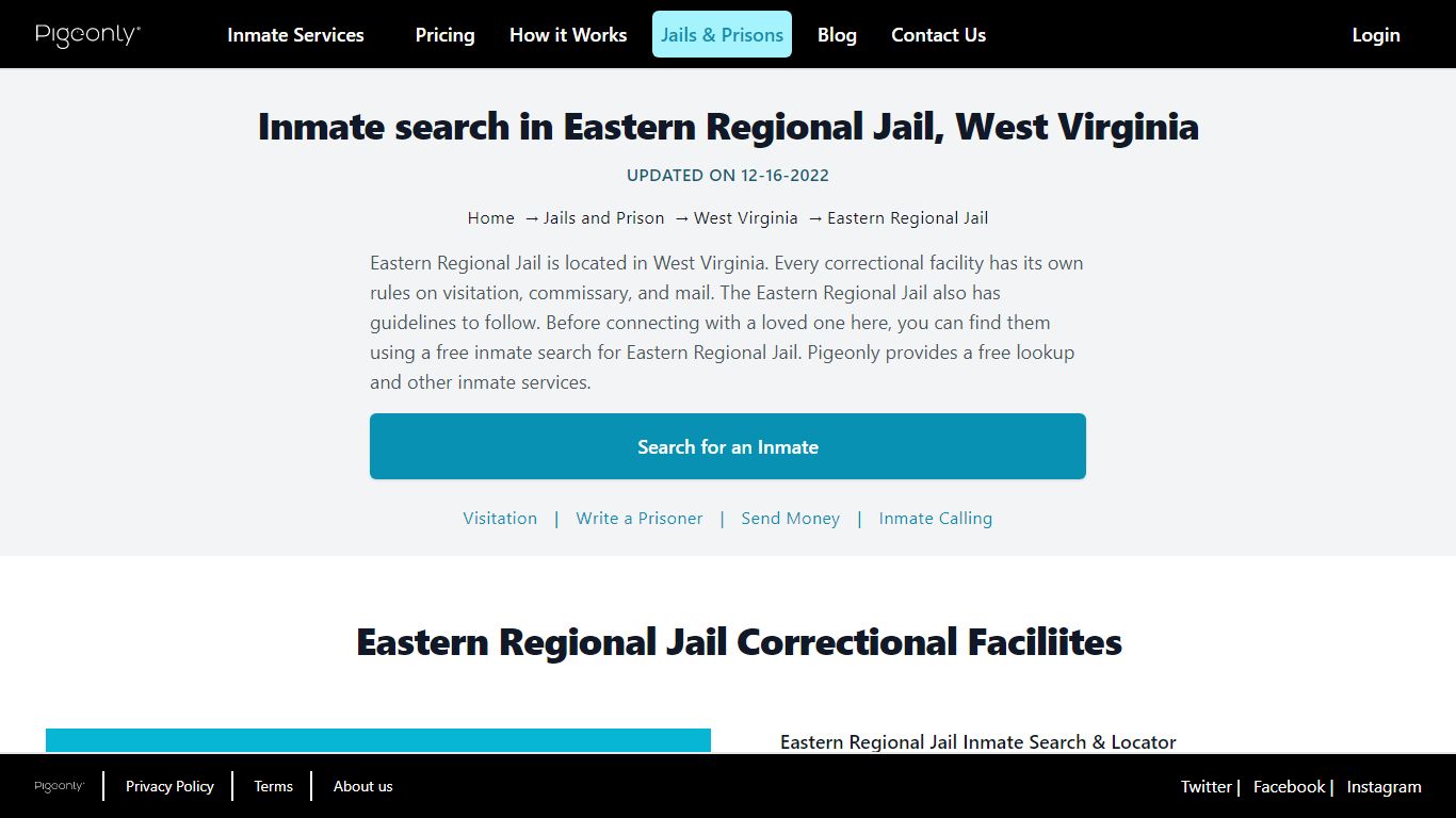 Inmate Search Eastern Regional Jail, West Virginia | Pigeonly